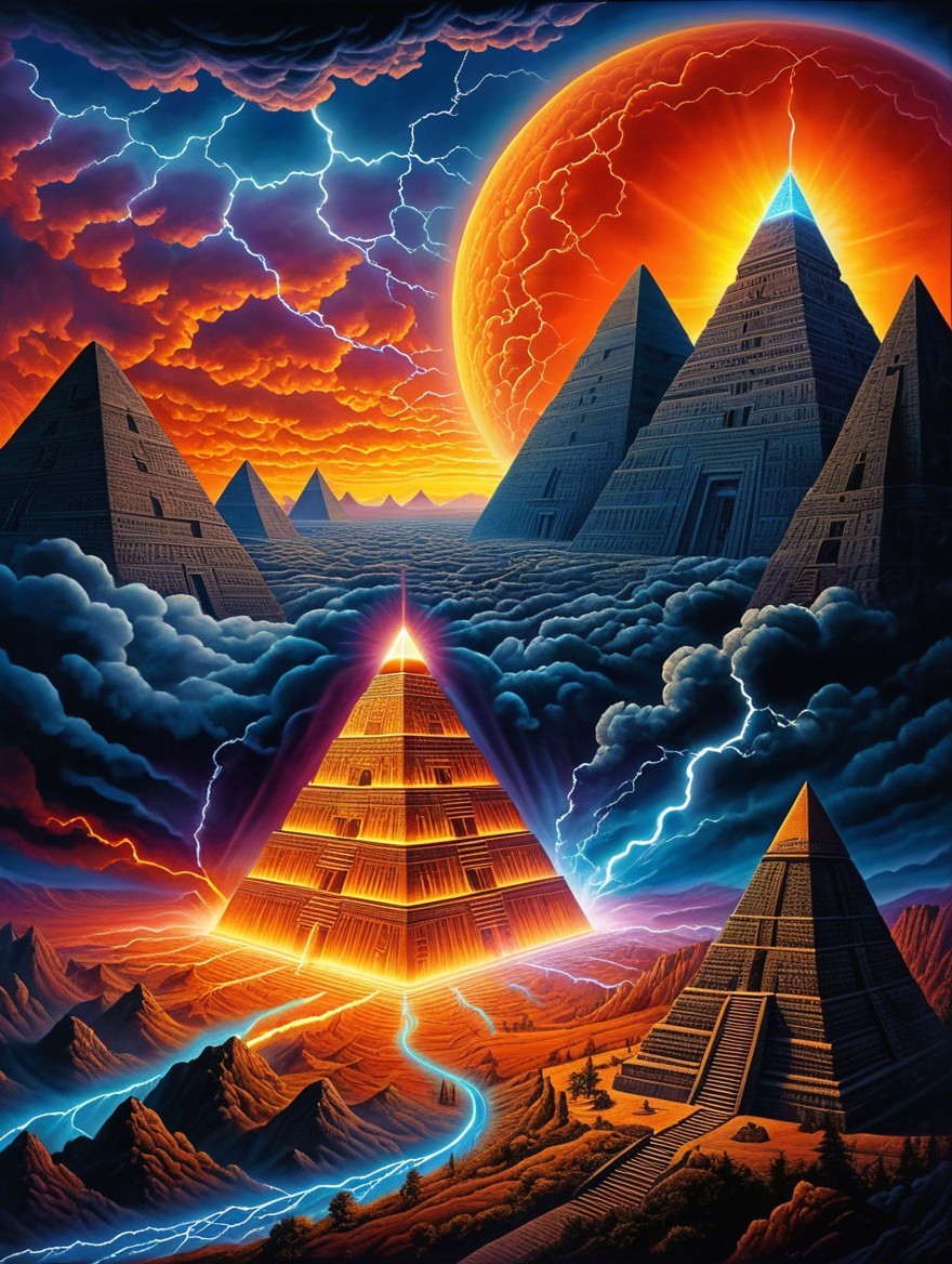 Surreal Landscape with Pyramids and Dramatic Sky