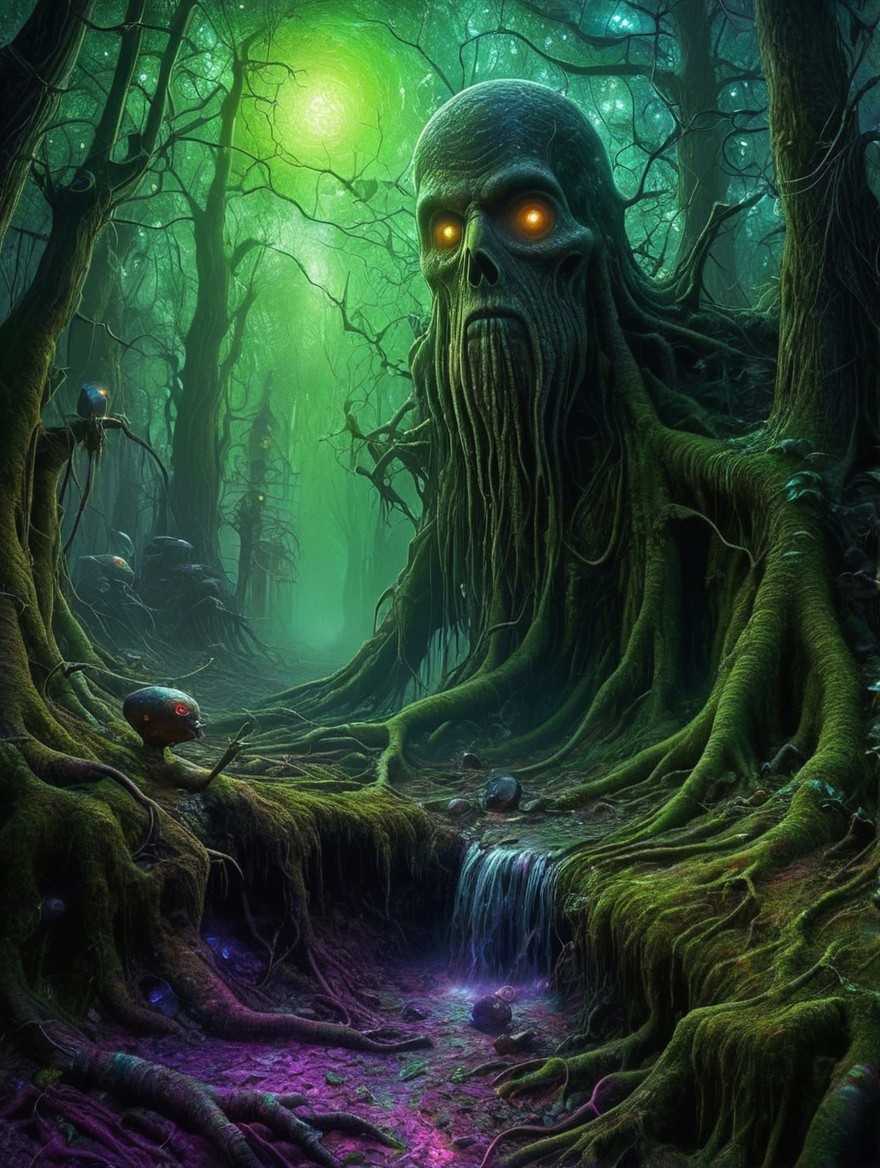 Ancient Figure in a Luminescent Forest Setting
