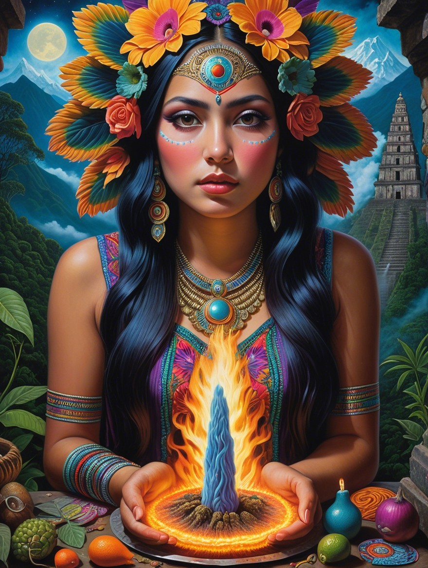Young woman with flowers and flame in mystical landscape