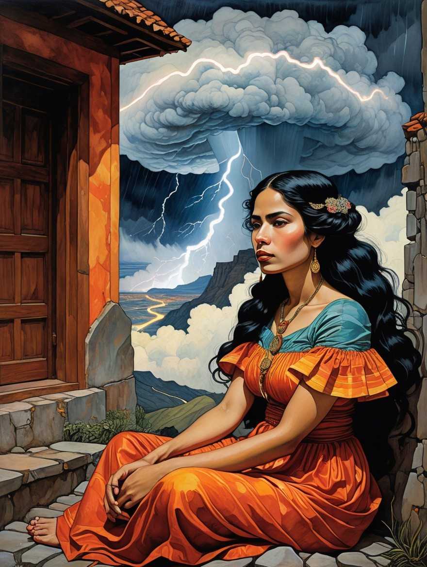 Woman in Colorful Dress Amidst Stormy Landscape