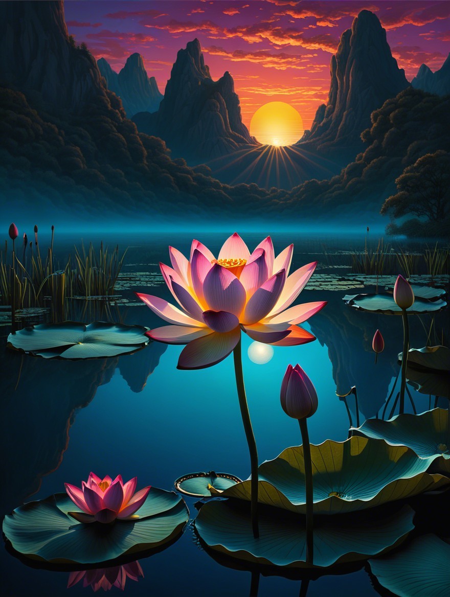 Lotus Flower in Tranquil Pond at Sunset