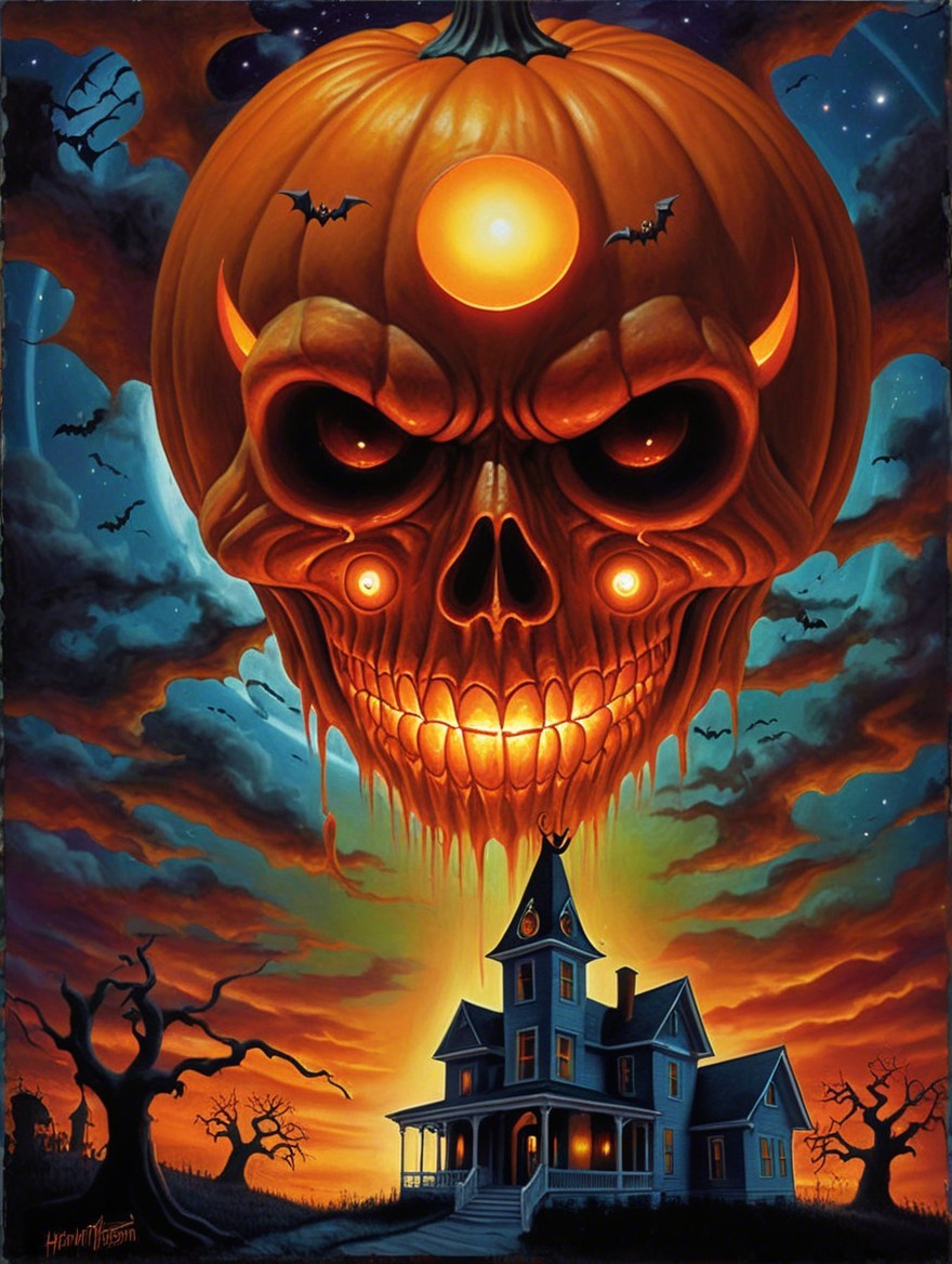Eerie Blue Victorian House with Pumpkin Skull and Bats