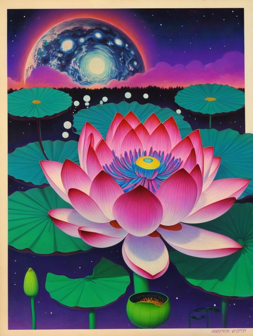 Vibrant Pink Lotus Flower in Cosmic Background