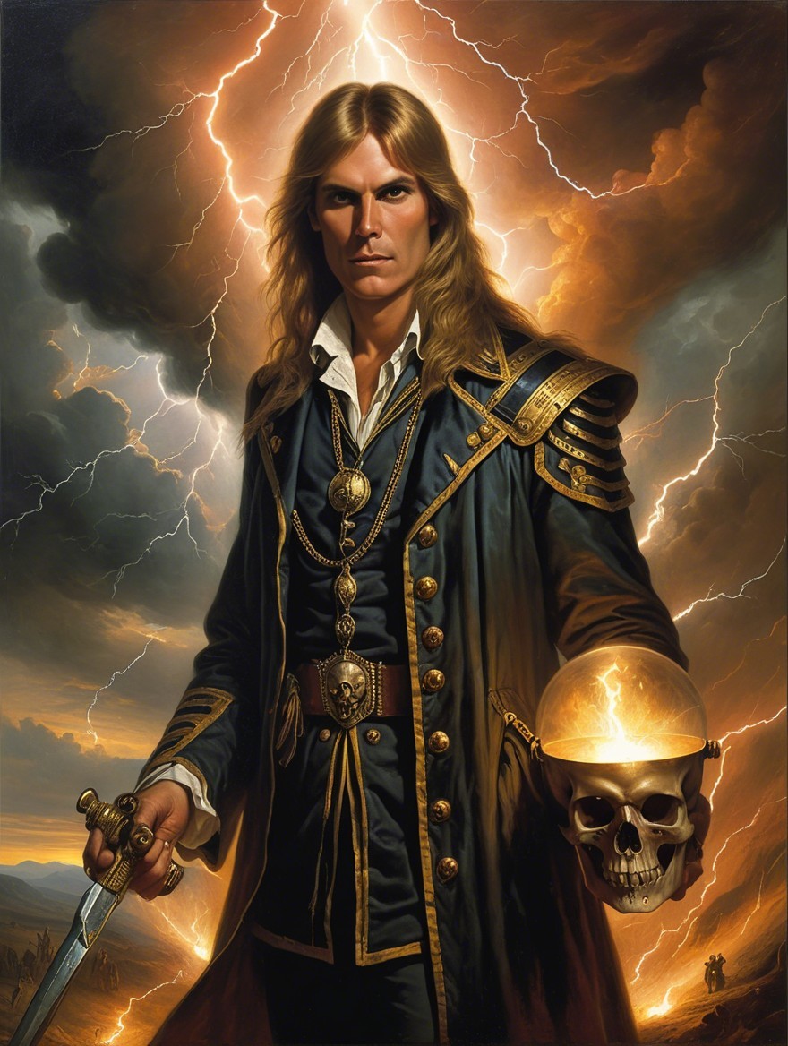 Dramatic portrait of a figure in ornate captain's coat