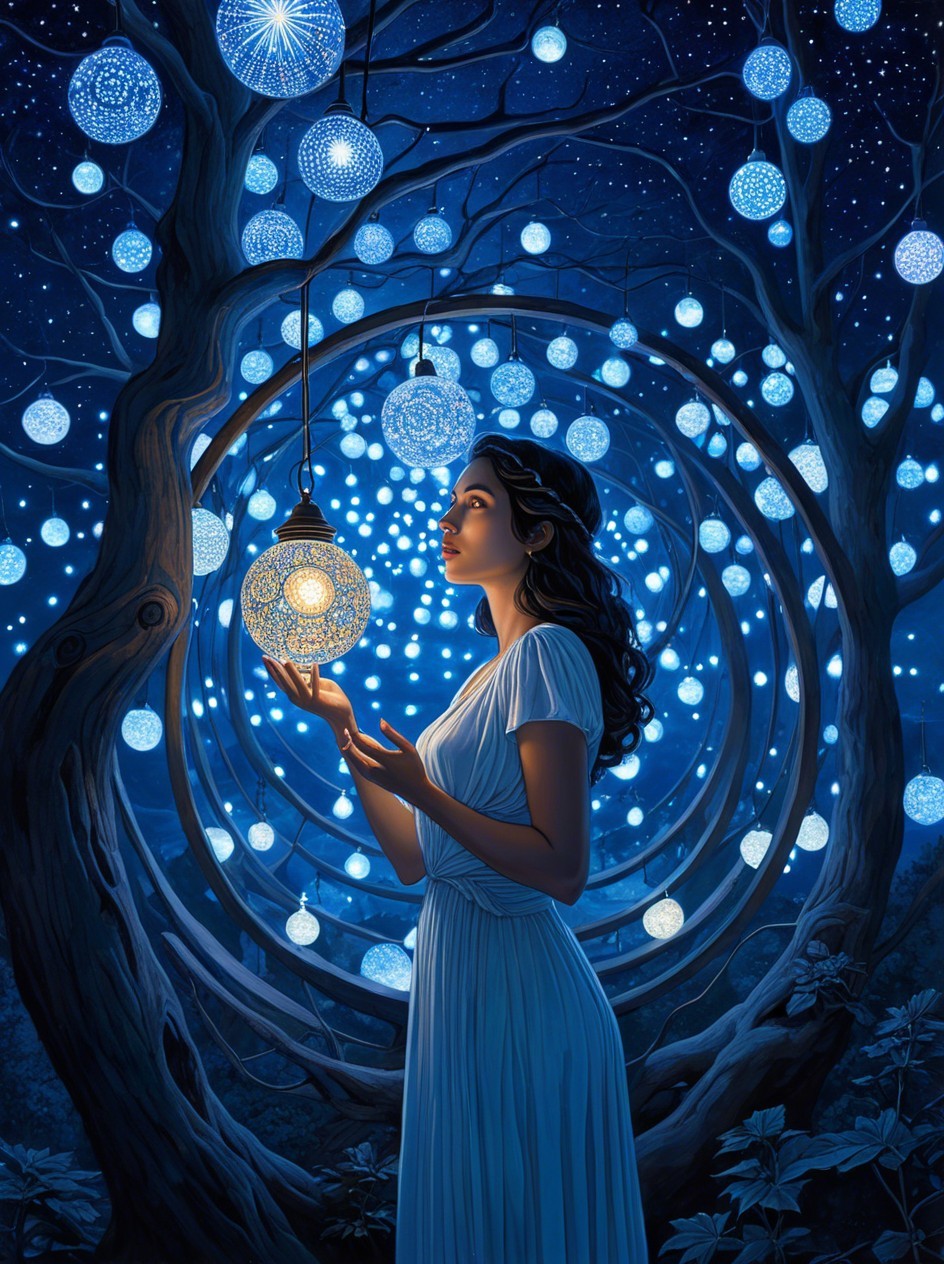 Night Scene with Glowing Orbs and Young Woman