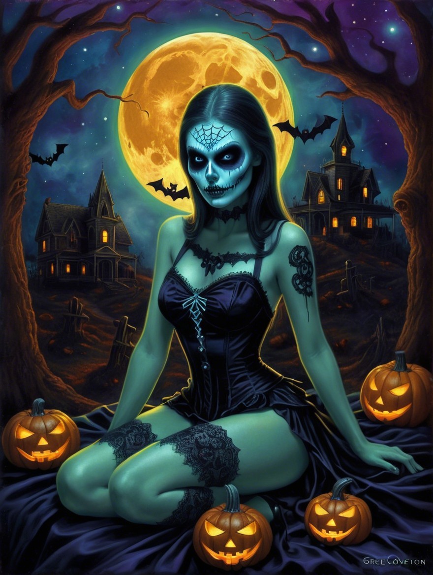 Mystical Woman with Skull Face in Halloween Setting