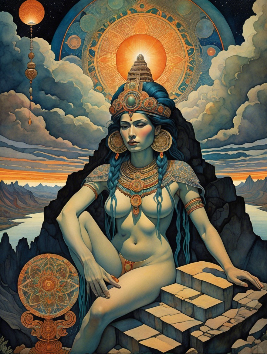 Majestic female figure with blue hair and jewelry