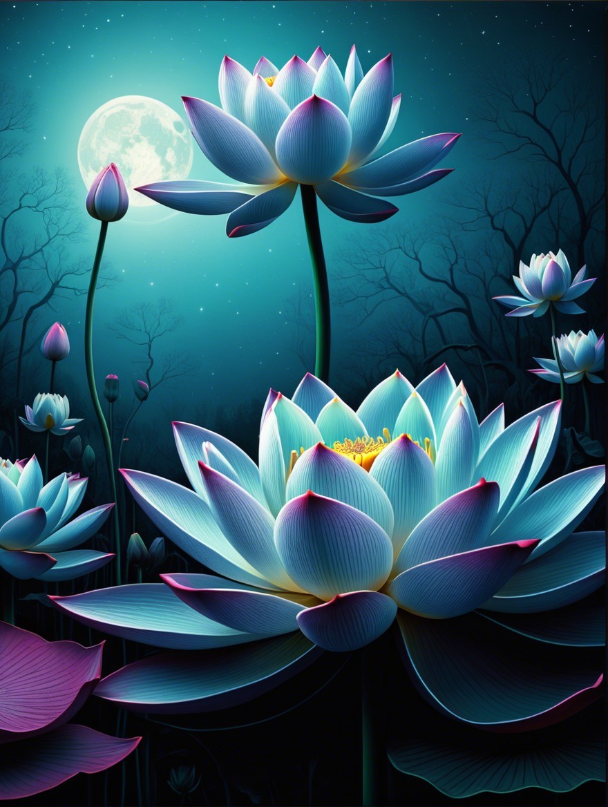 Luminescent lotus flowers in a serene night scene
