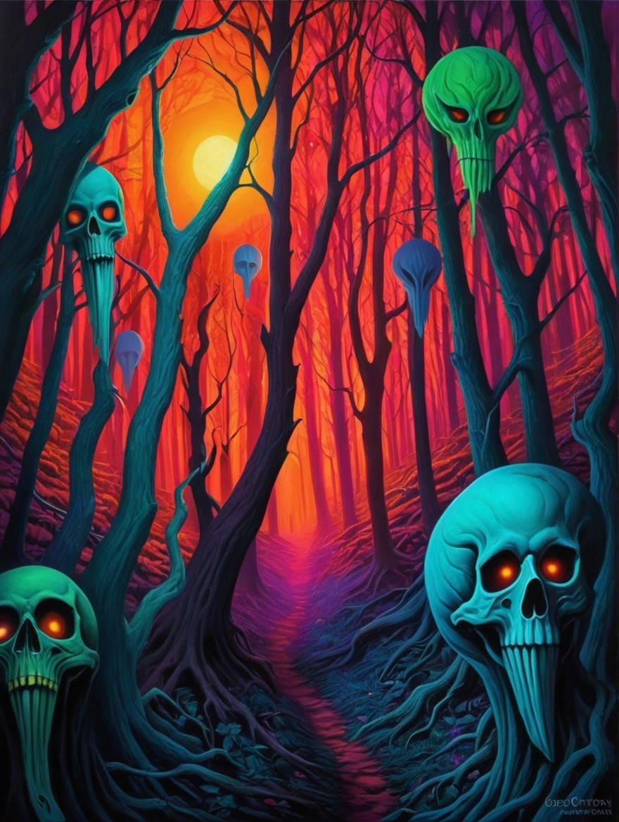 Surreal Forest Scene with Glowing Sunset and Skulls