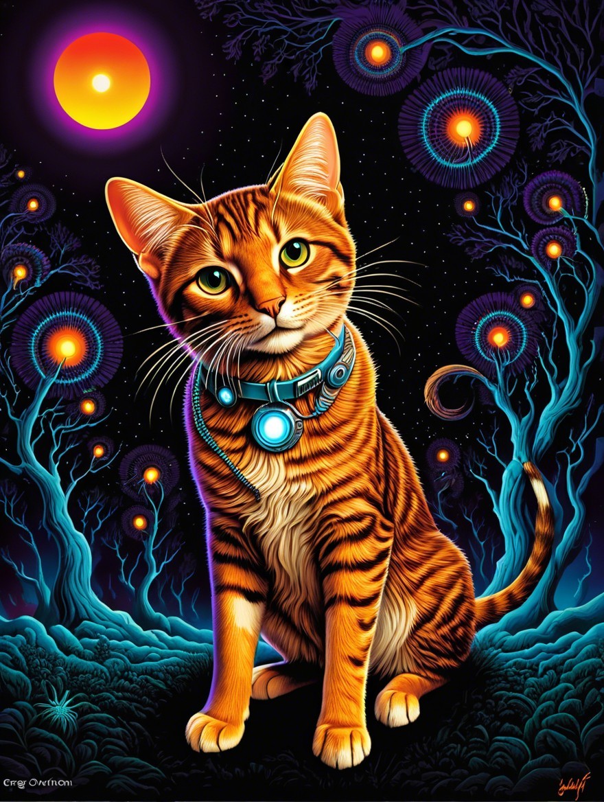Cosmic Scene with Orange Tabby Cat and Luminous Trees