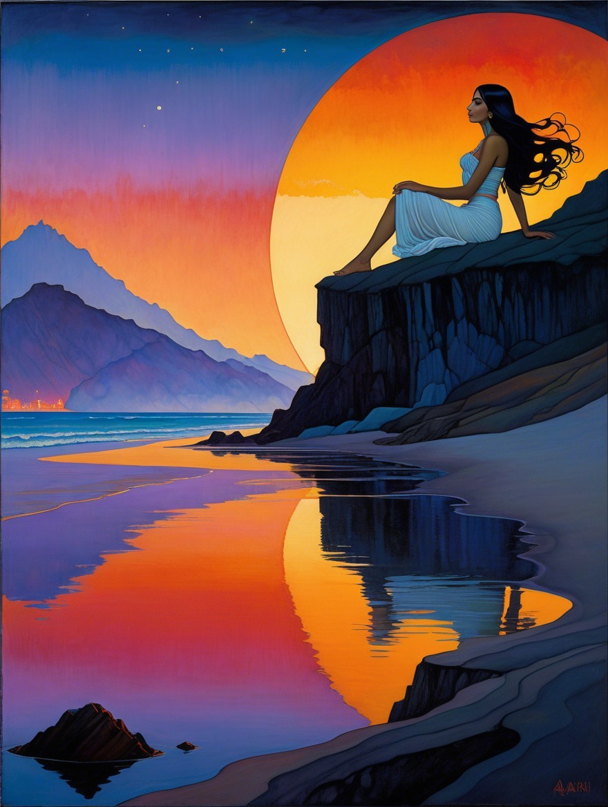 Serene Sunset Scene with Woman on Rocky Cliff
