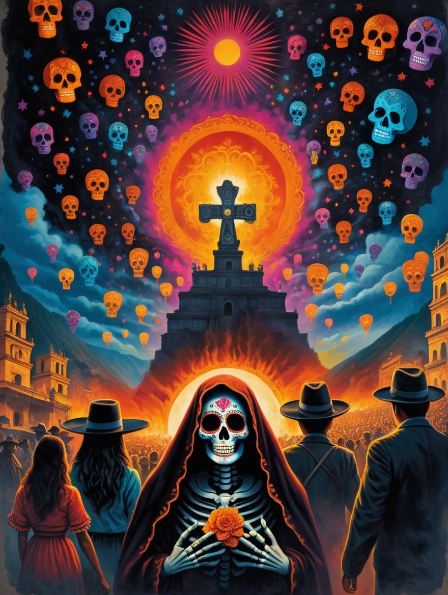 Vibrant Day of the Dead Scene with Skeleton and Skulls