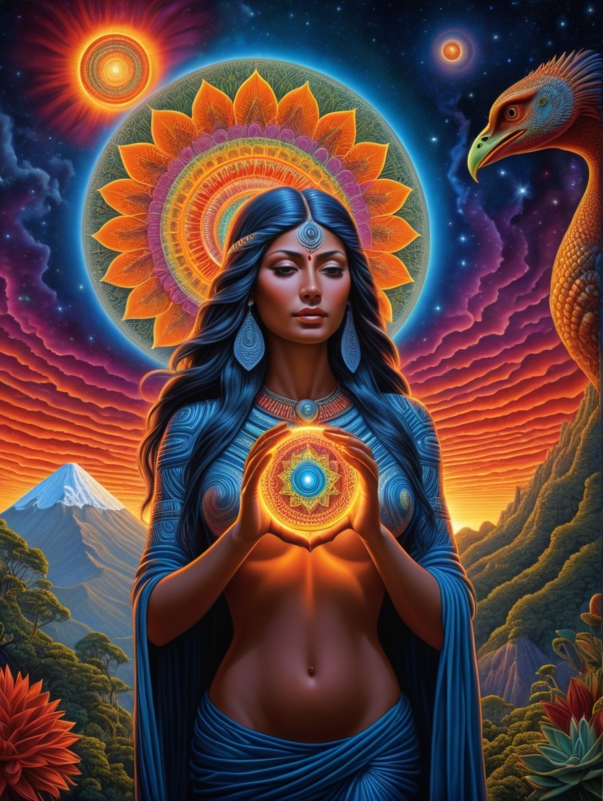 Mystical Woman with Blue Hair and Glowing Orb