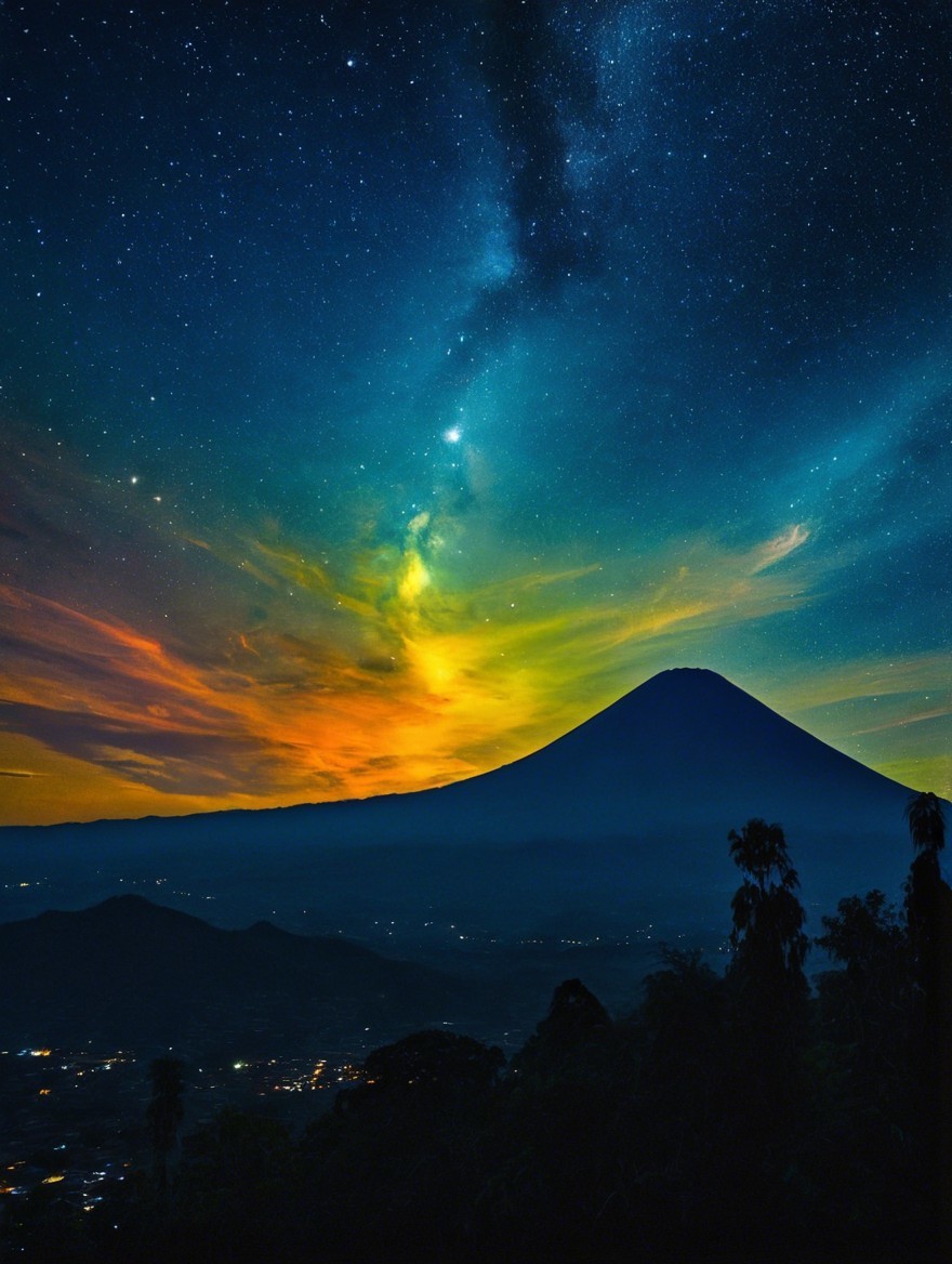 Night Sky Over Majestic Volcano with Colorful Clouds