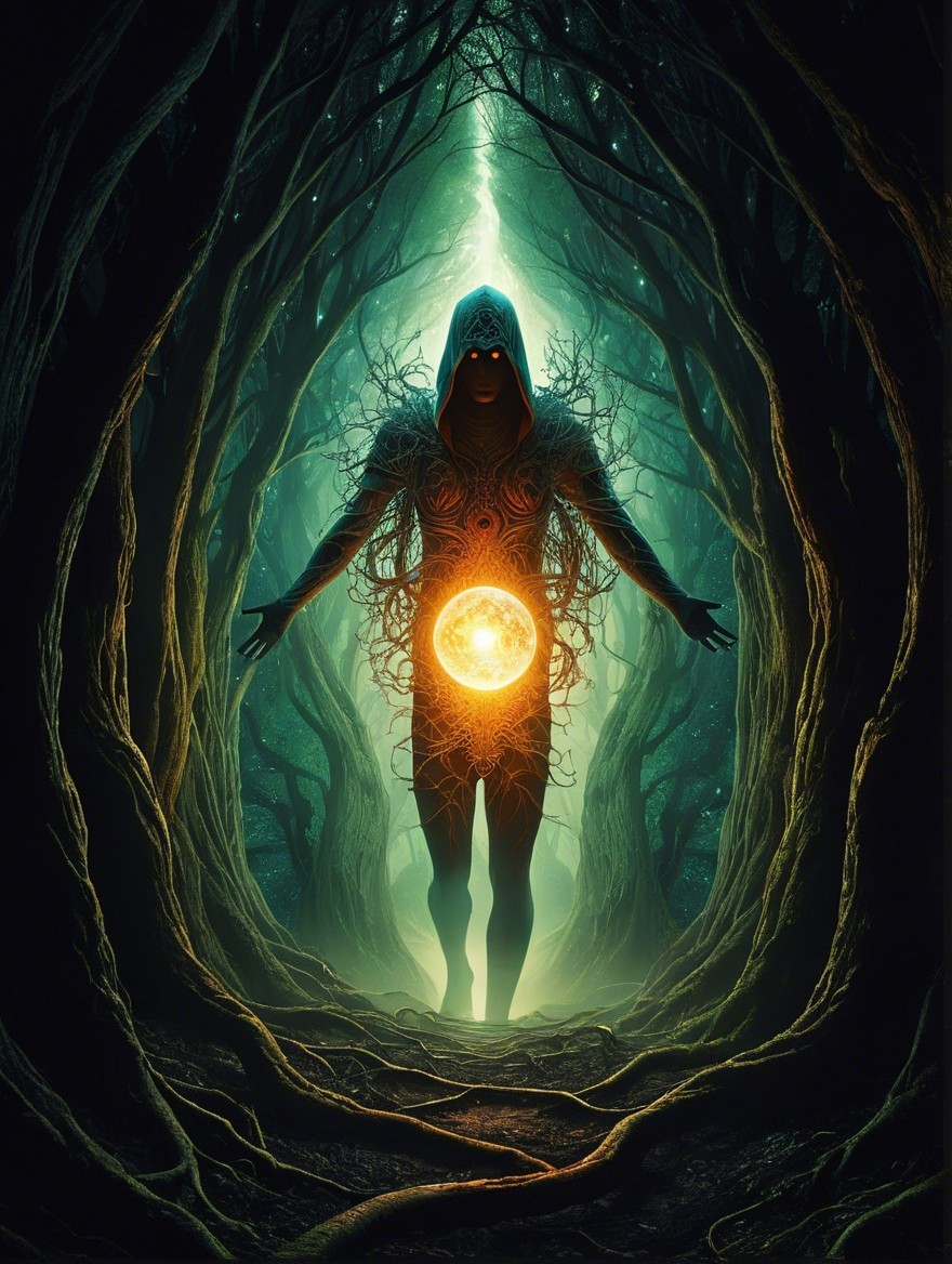 Hooded Figure in Mystical Forest with Glowing Core