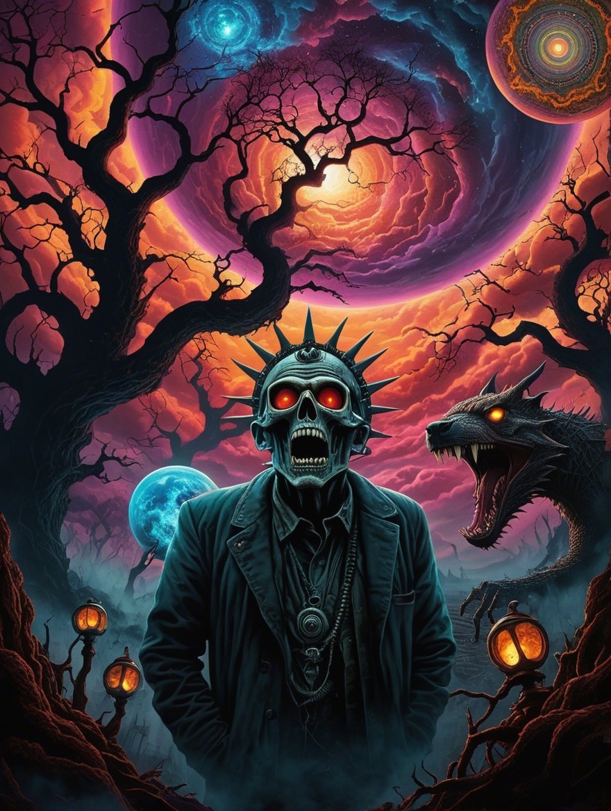 Skeletal Figure in Surreal Dark Fantasy Landscape