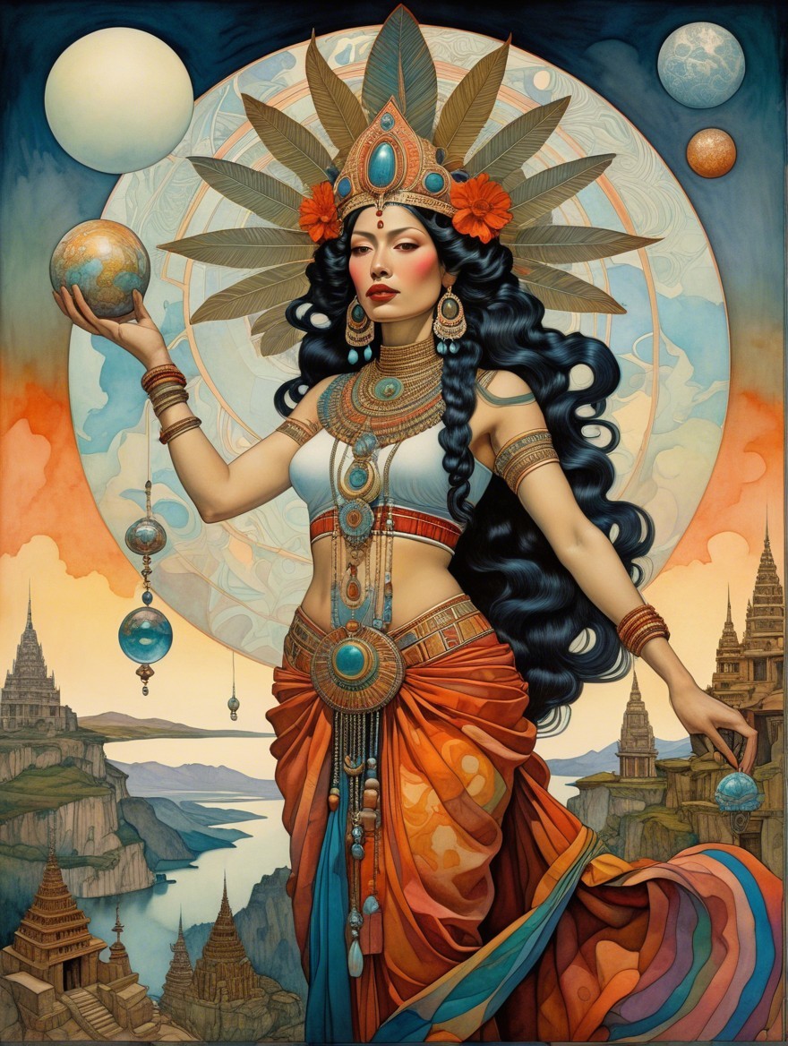 Majestic figure with glowing orb and vibrant garments