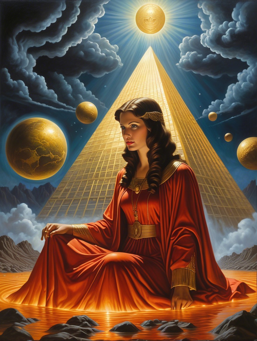 Serene Woman in Red Robe Among Celestial Bodies