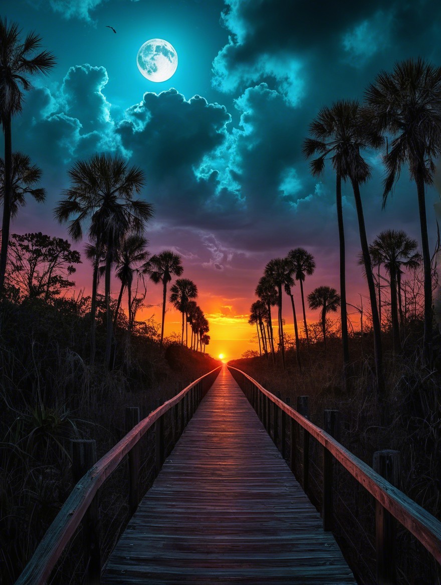 Wooden Boardwalk at Sunset with Palm Trees and Moon