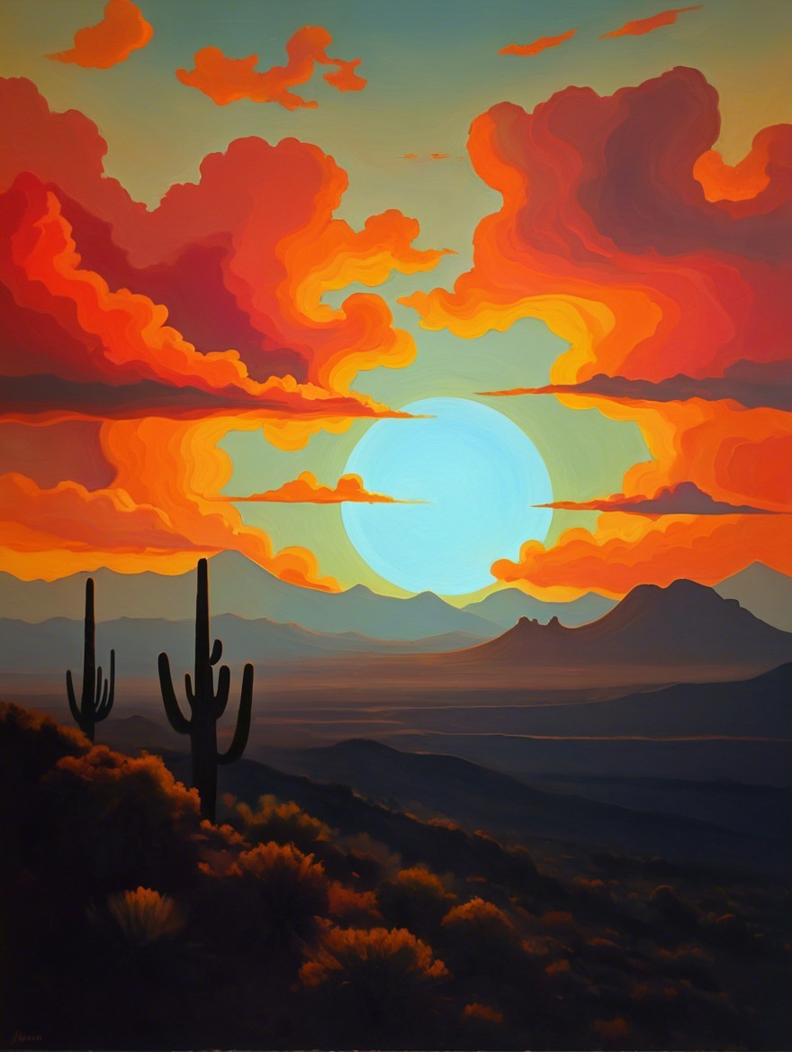 Vibrant Sunset Over Desert Landscape with Cacti