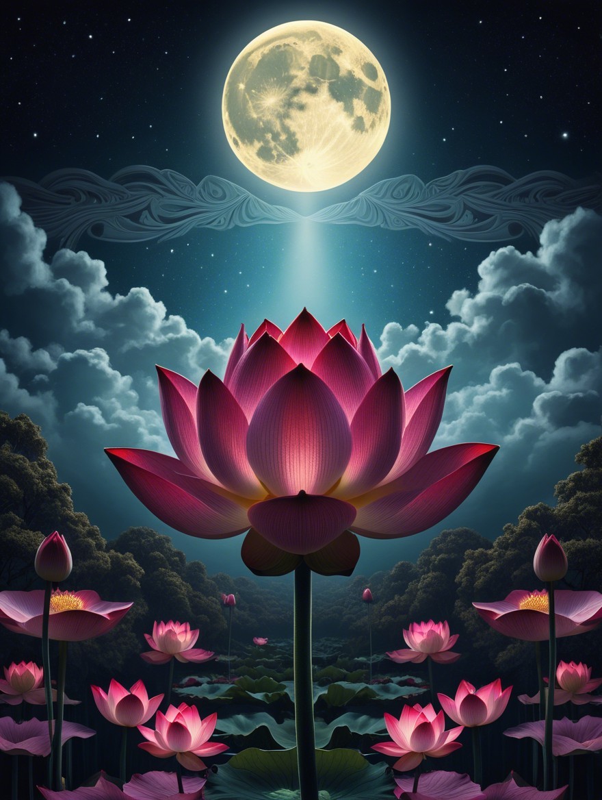 Blooming Pink Lotus Flower on Serene Pond at Night