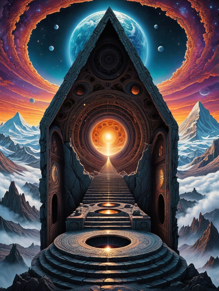 Surreal Landscape with Ancient Temple and Cosmic Sky