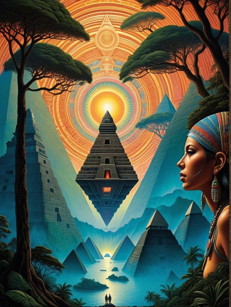 Surreal Landscape with Pyramids and Mystical Elements