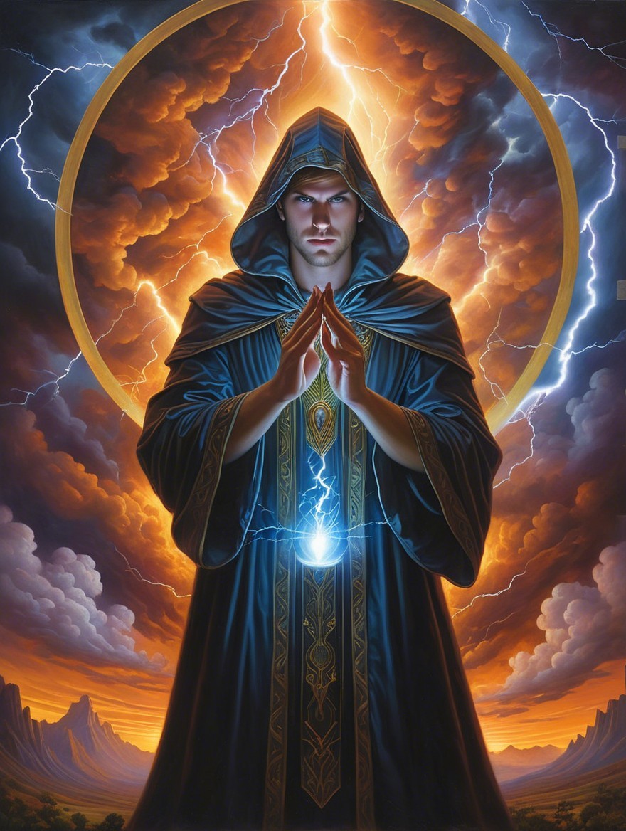 Cloaked Figure Channeling Energy Amidst Stormy Landscape