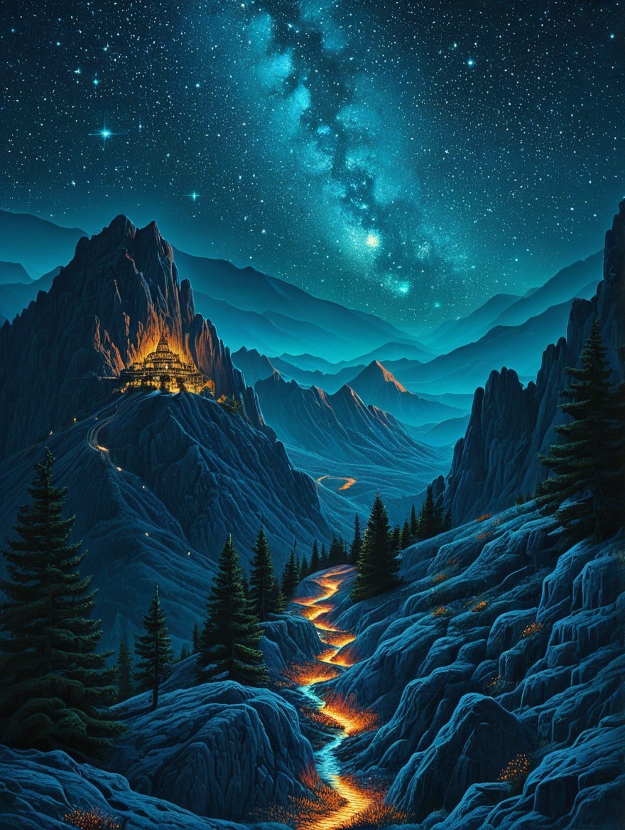 Majestic Mountains Under Starlit Sky and River of Light