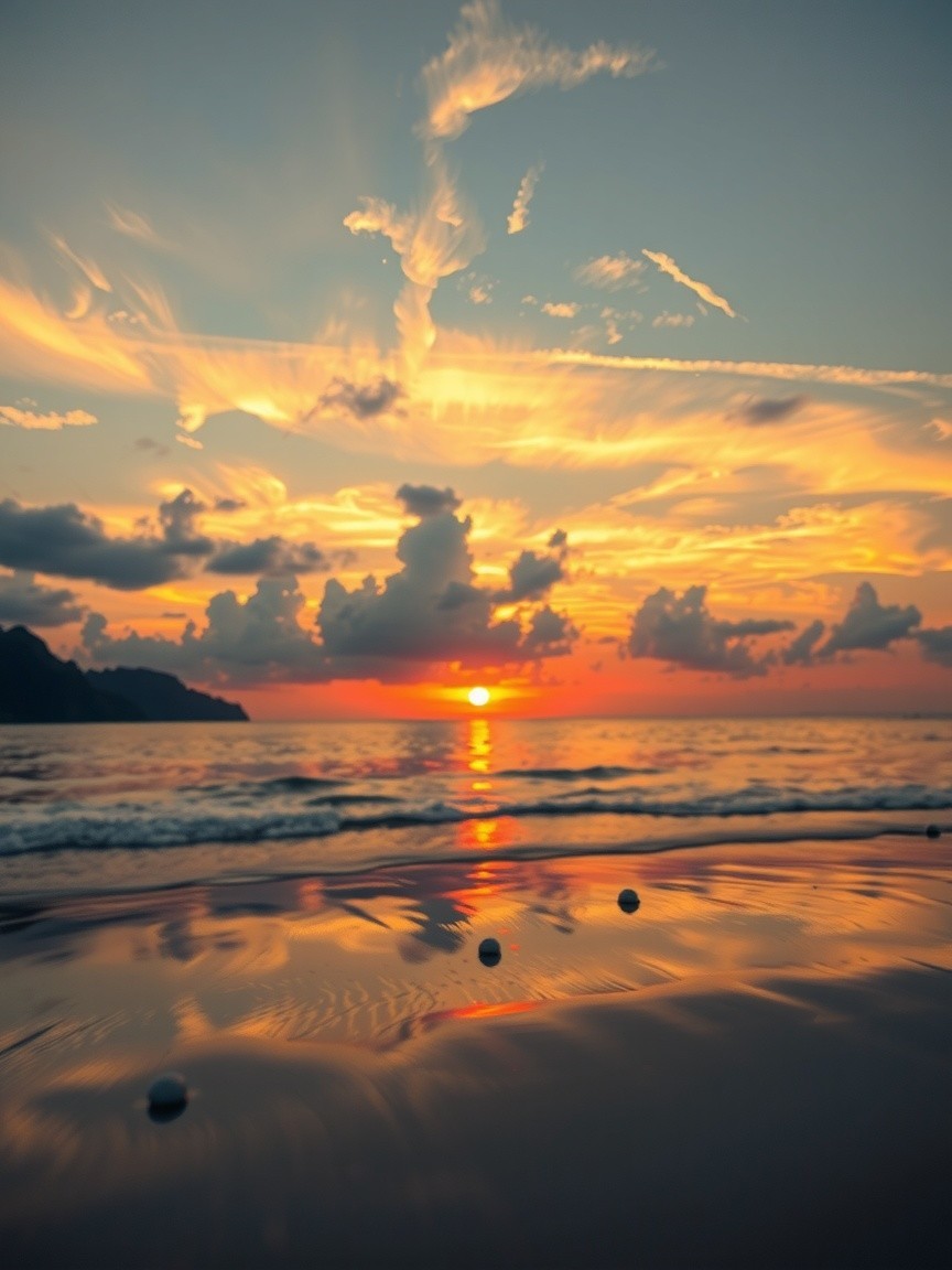 Vibrant Sunset Over Calm Ocean and Sandy Beach