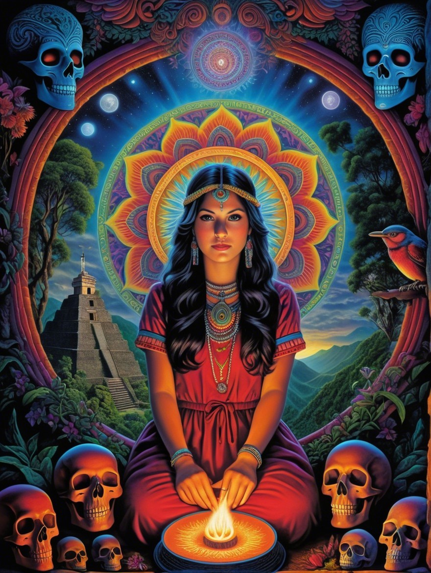 Vibrant Artwork of Woman in Red Dress and Mandalas