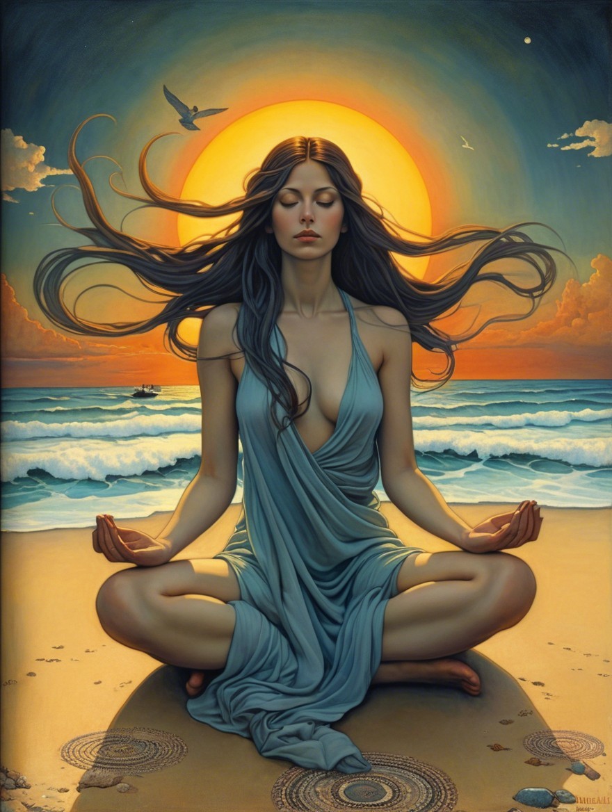 Serene Woman Meditating on Beach at Sunset