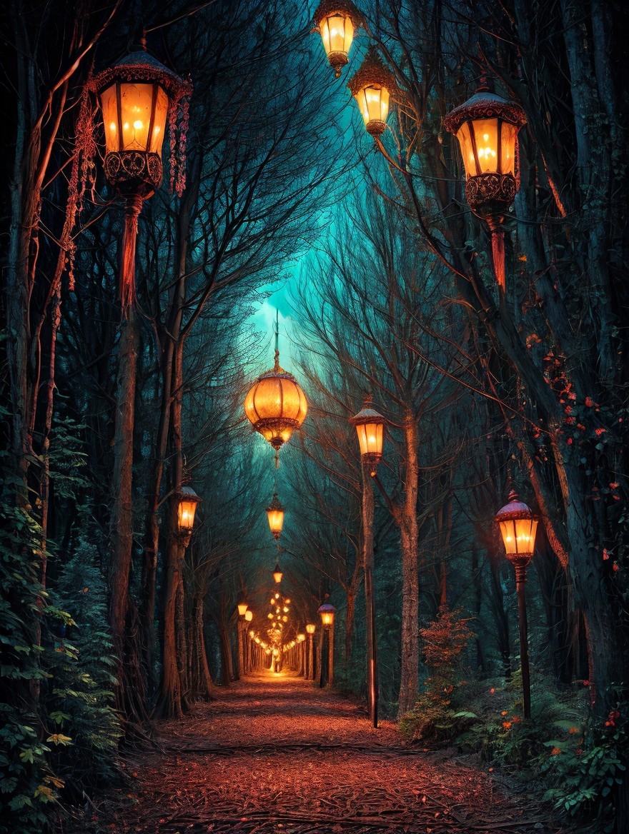 Enchanted Forest Pathway with Glowing Lanterns