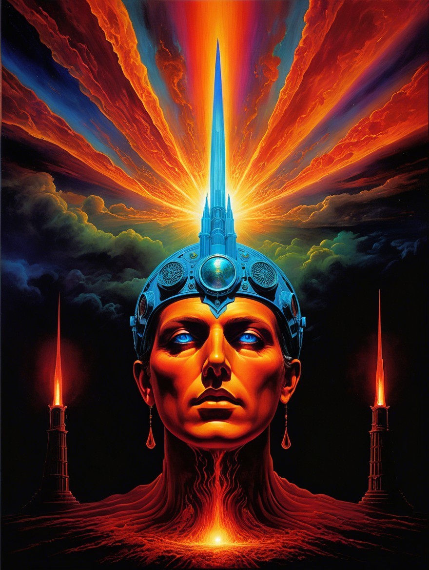 Surreal figure with futuristic helmet and vibrant colors
