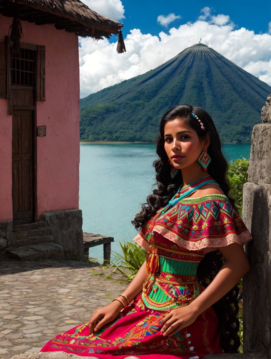 Young Woman in Traditional Attire by Serene Lake