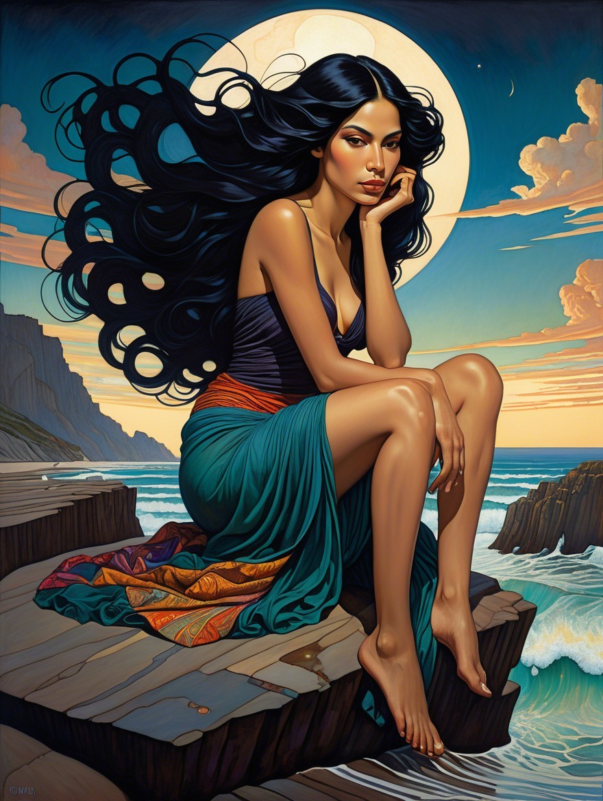 Serene Woman on Rocky Seaside at Sunset