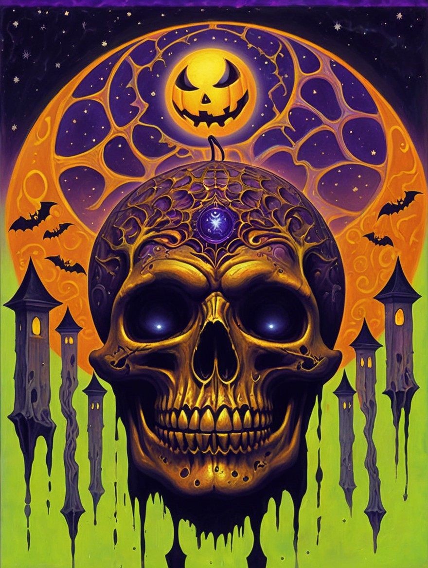 Surreal Artwork of Glowing Skull and Halloween Scene
