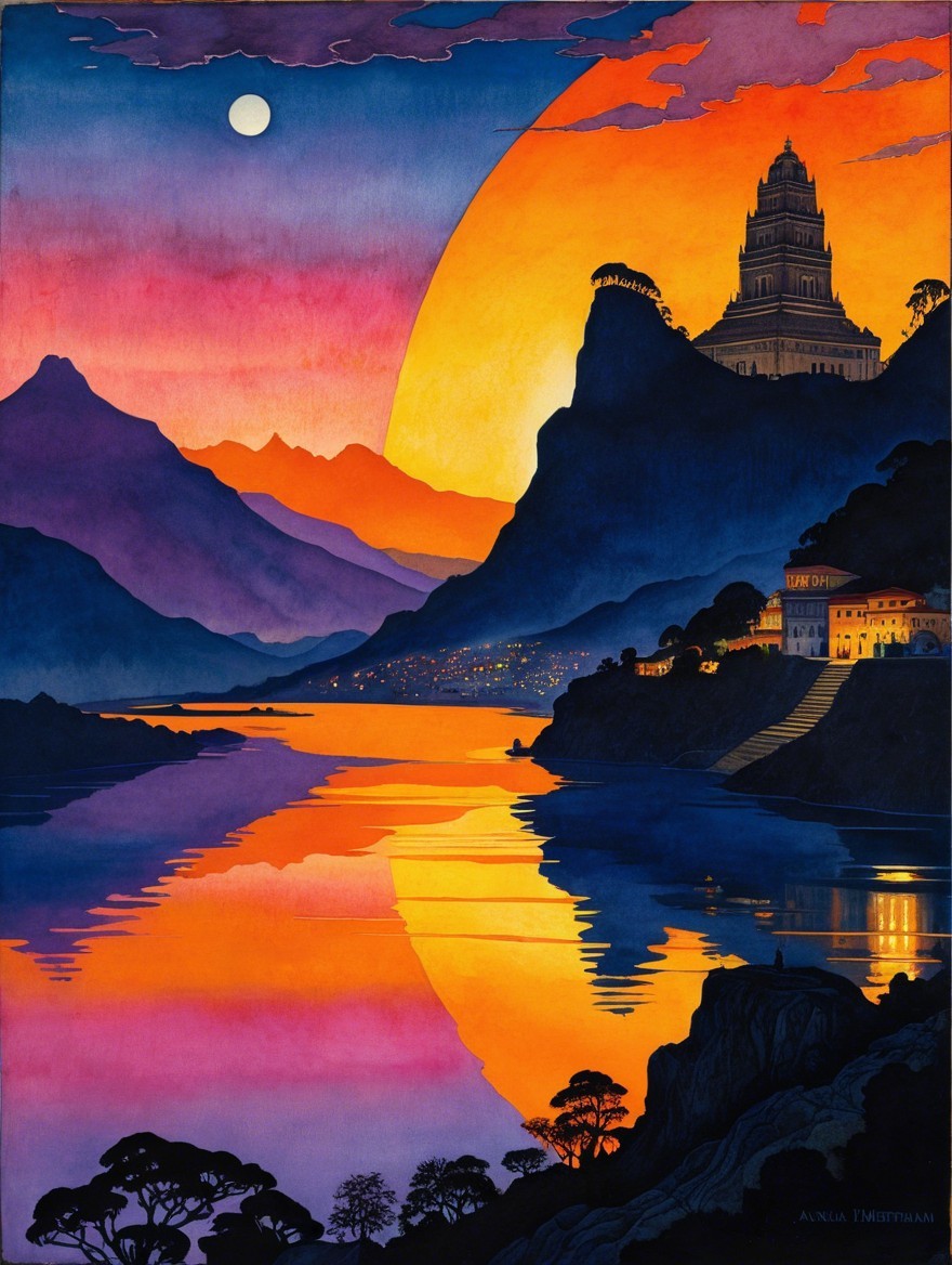 Vibrant Sunset Over Serene Landscape with Temple and River