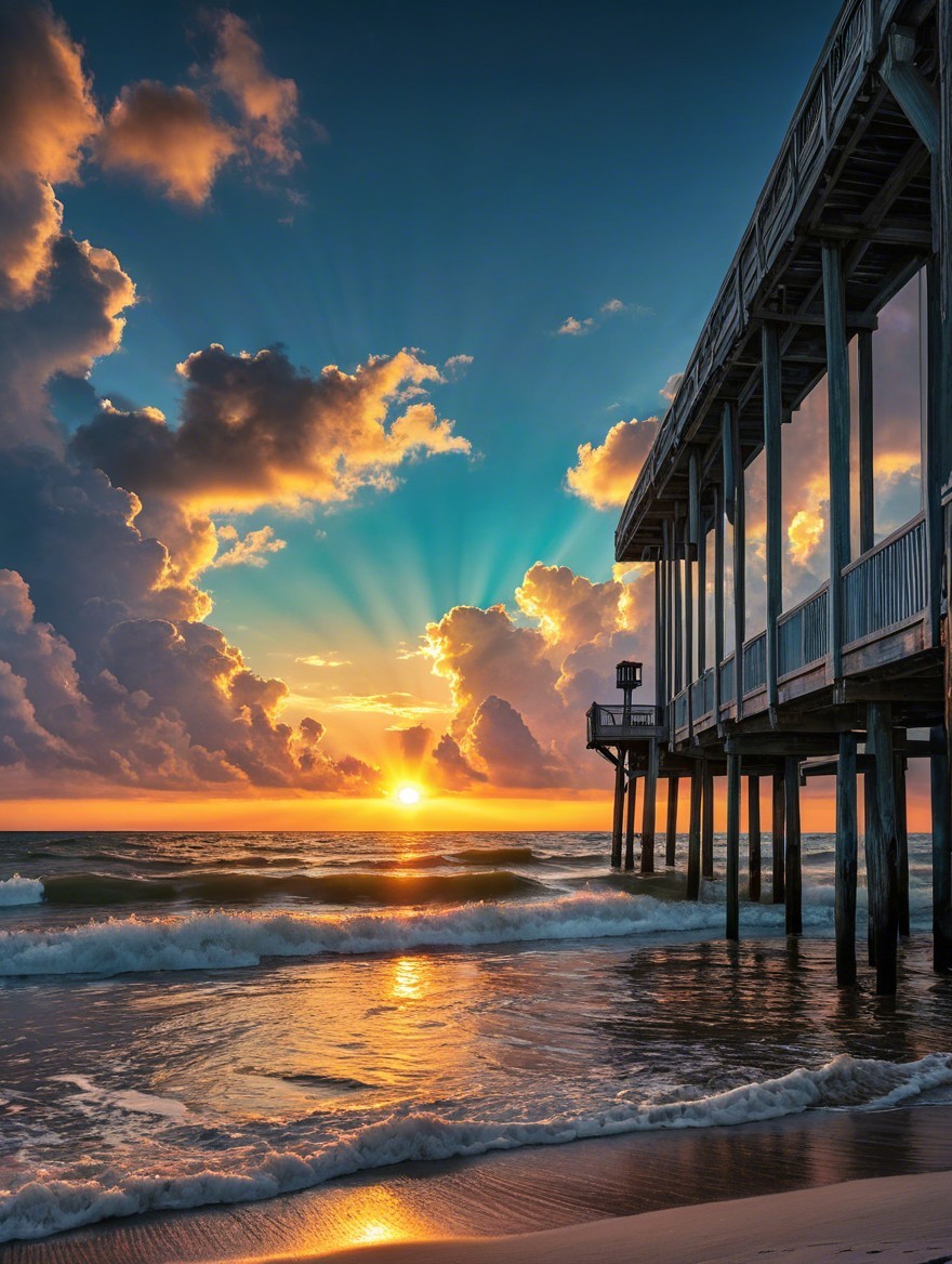 Vibrant Sunset Over Wooden Pier and Gentle Waves