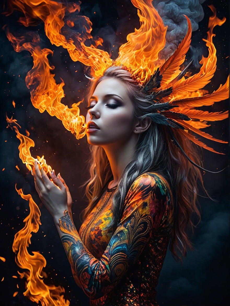 Mystical figure surrounded by flames and vibrant colors