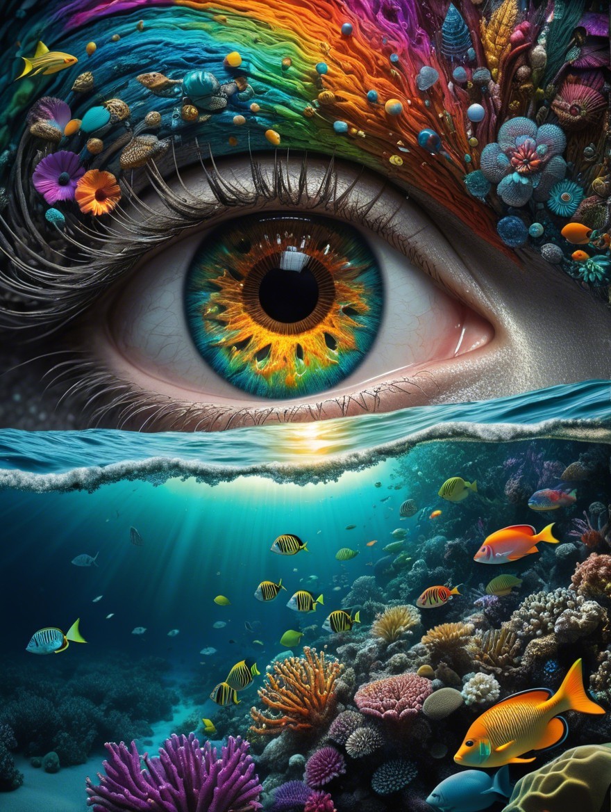 Surreal Eye Surrounded by Colorful Flowers and Coral Reef