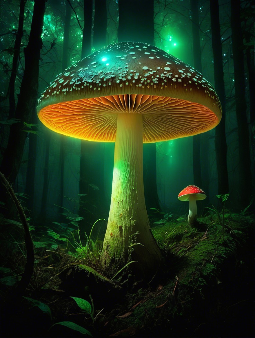 Vibrant Mushroom in Mystical Forest with Ethereal Light