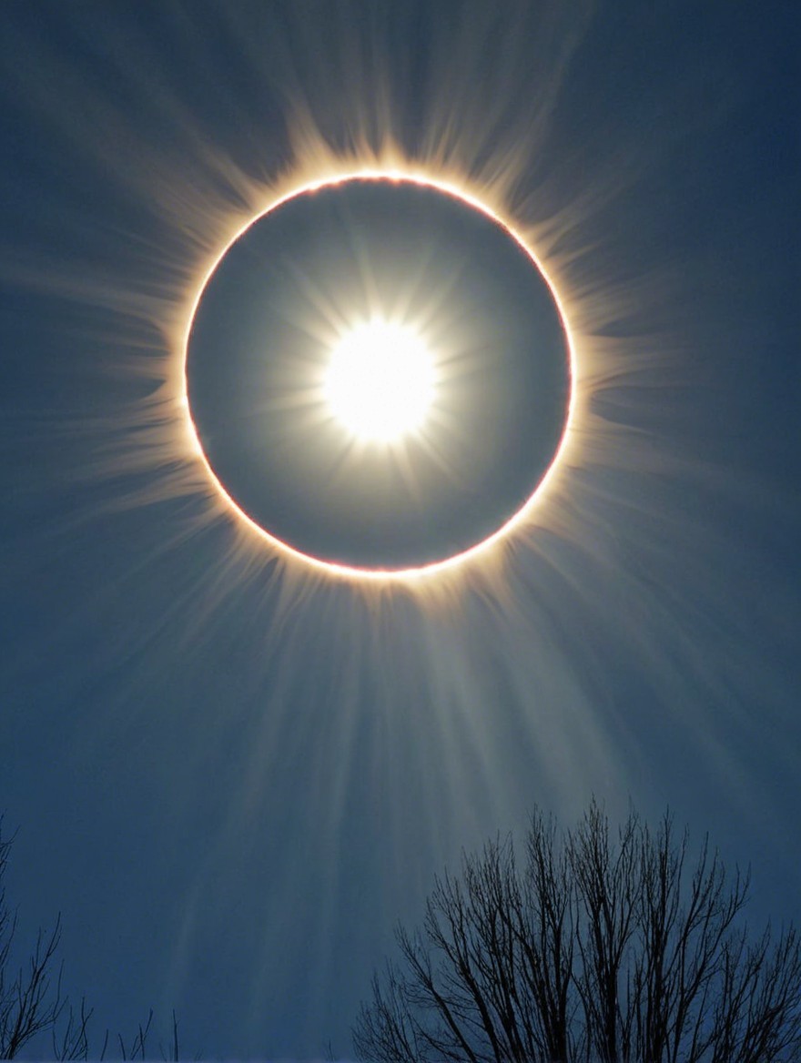 Celestial Display of Sun with Radiant Halo and Trees