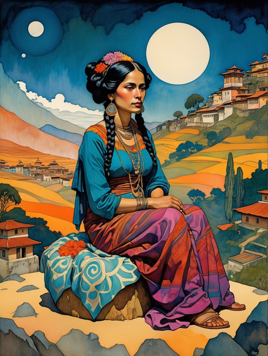 Serene Woman in Traditional Attire Amidst Scenic Landscape