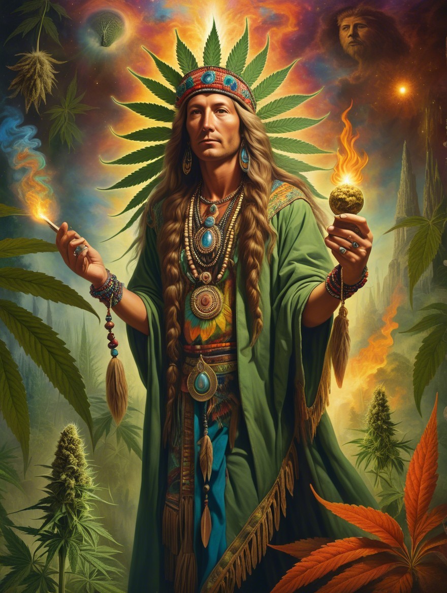 Mystical Figure Surrounded by Cannabis and Cosmic Elements
