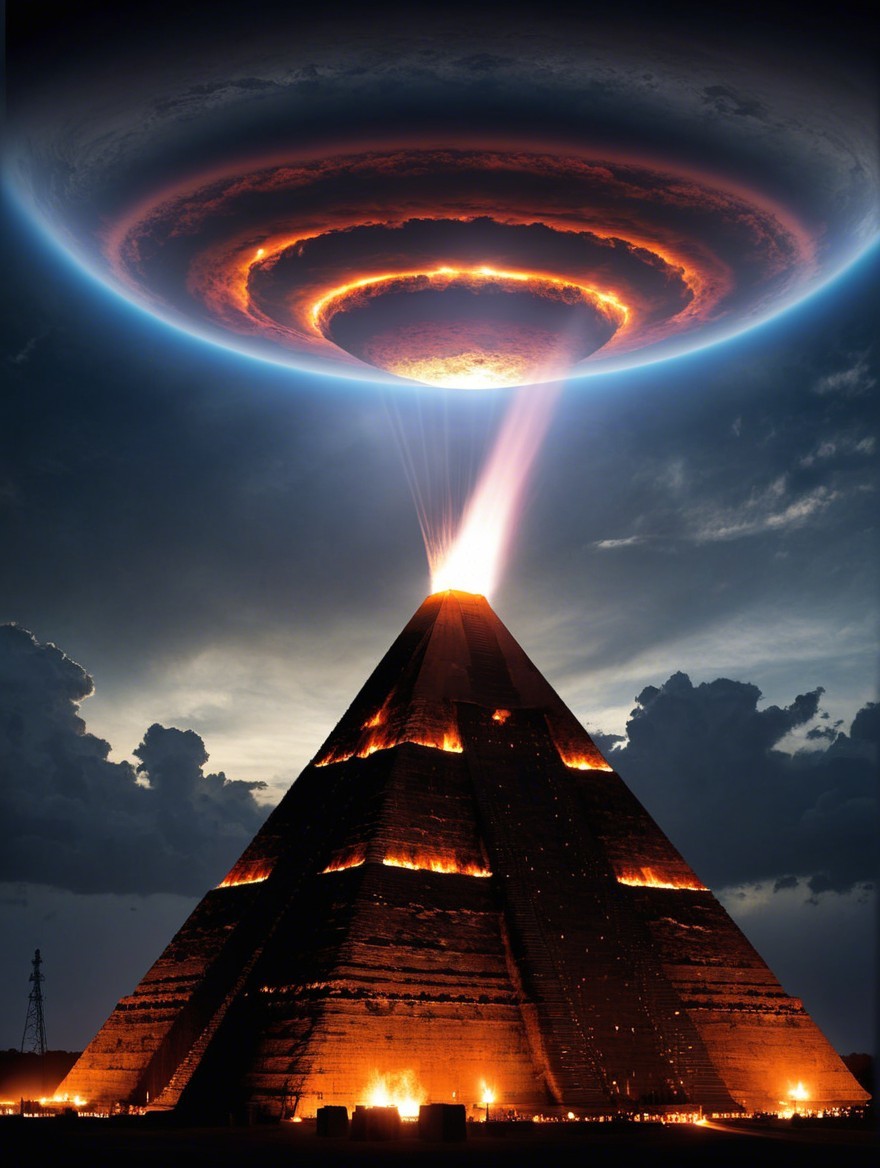 Colossal Pyramid with Fiery Light and Dark Clouds