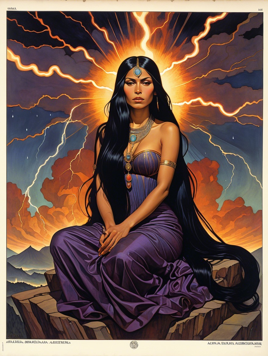 Woman in Purple Dress on Rocky Outcrop with Energy Burst