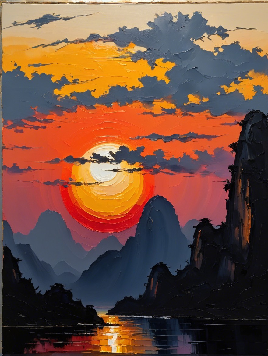 Vibrant Sunset Over Serene Landscape with Mountains