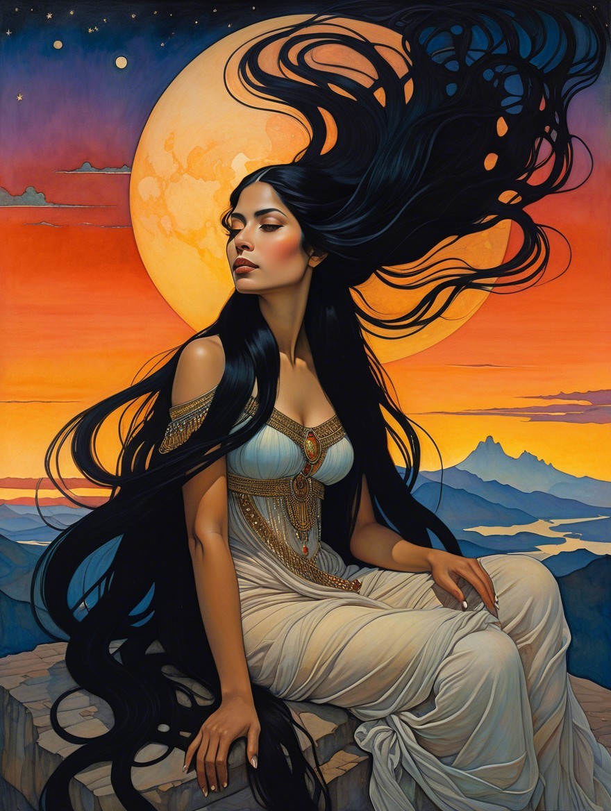 Woman in White Dress Against Sunset and Full Moon