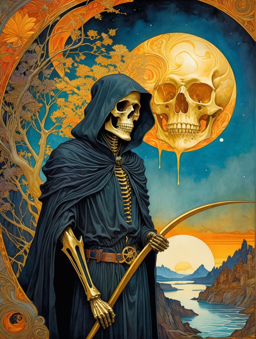 Skeleton in Cloak with Scythe Against Colorful Twilight